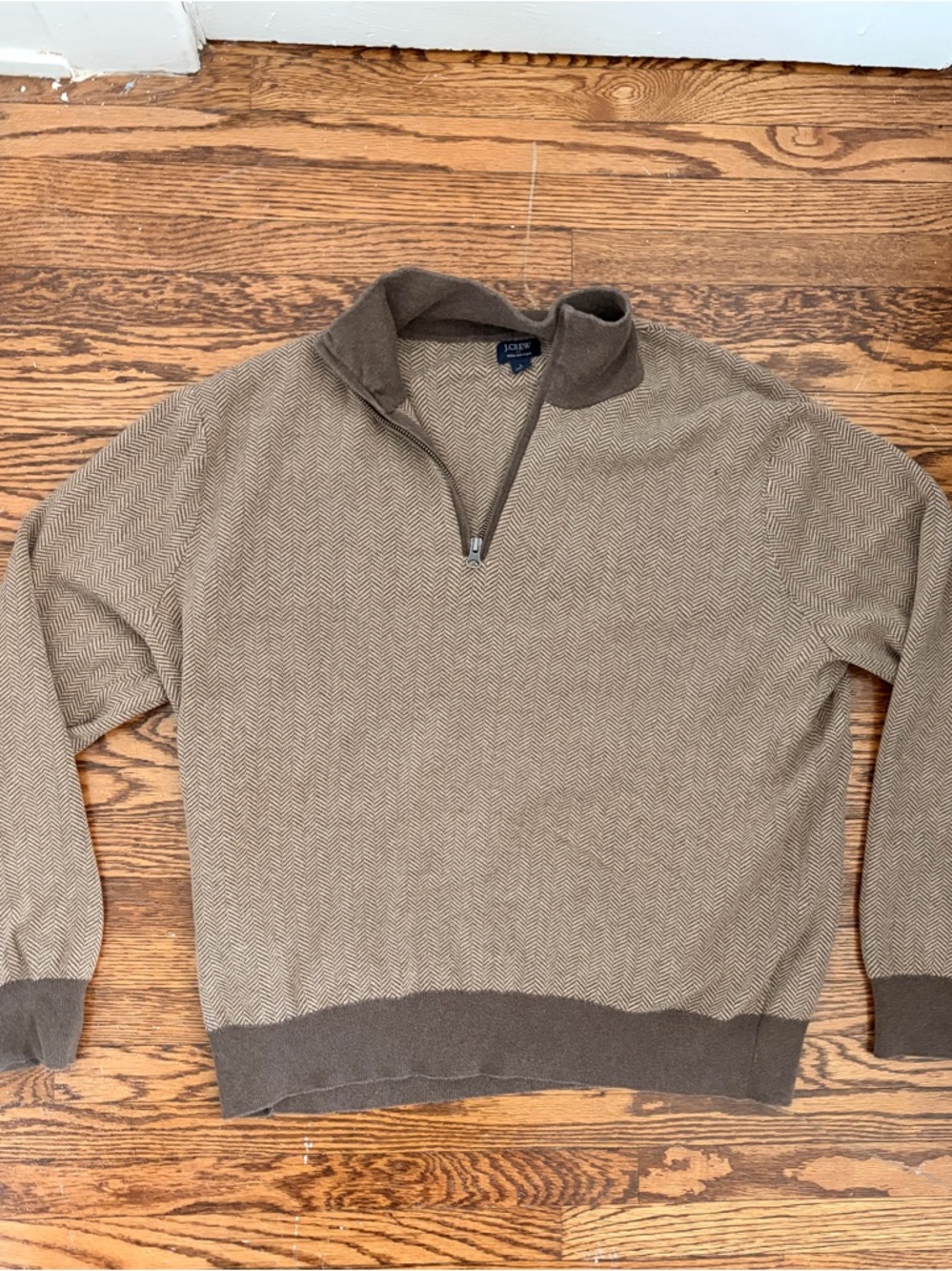 JCrew Men's Brown Herringbone Quarter-Zip Sweater